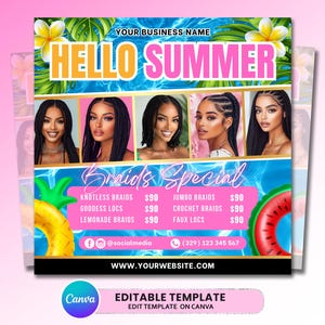 Summer Braid Sale Flyer, Summer Sale Flyer, Braid Prices Flyer, Braids Sale Flyer, Hair Flyer, Lashes Flyer, Braids Special Flyer Template