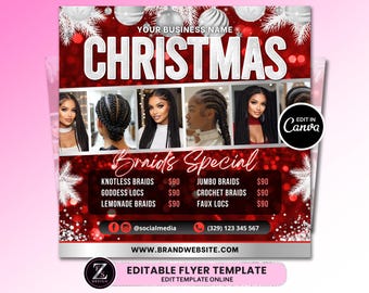 Christmas Braid Sale Flyer, Braid Prices Flyer, Christmas Flyer, Braids Flyer, Hair Flyer, Braids Special Flyer Template