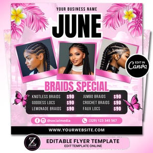 June Braid Sale Flyer, June Flyer, Braid Prices Flyer, Braids Sale Flyer, Hair Flyer, Lashes Flyer, Braids Special Flyer Template