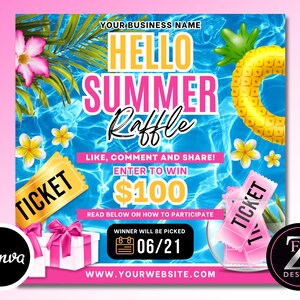 Peut inclure: Graphique promotionnel sur le th&egrave;me de l'&eacute;t&eacute; avec un fond d'eau bleu. Il pr&eacute;sente le texte "HELLO SUMMER Raffle", un billet dor&eacute;, une bo&icirc;te cadeau et un flotteur ananas. La tombola offre un prix de 100&euro;, avec le gagnant annonc&eacute; le 21/06.