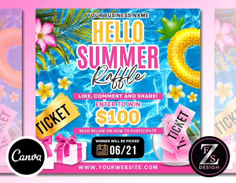 Peut inclure: Graphique promotionnel sur le th&egrave;me de l'&eacute;t&eacute; avec un fond d'eau bleu. Il pr&eacute;sente le texte "HELLO SUMMER Raffle", un billet dor&eacute;, une bo&icirc;te cadeau et un flotteur ananas. La tombola offre un prix de 100&euro;, avec le gagnant annonc&eacute; le 21/06.