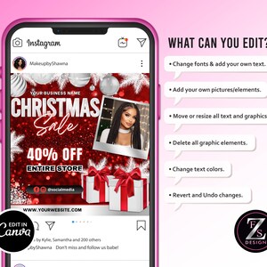 May include: A smartphone displaying an Instagram post template for a Christmas sale. The graphic features a red glitter background, white snowflakes, gift boxes, and a photo frame. Text includes CHRISTMAS Sale, 40% OFF ENTIRE STORE, and website placeholders. A list of editable features is shown to the right.