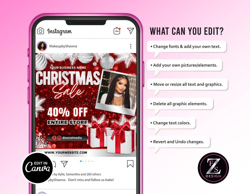 May include: A smartphone displaying an Instagram post template for a Christmas sale. The graphic features a red glitter background, white snowflakes, gift boxes, and a photo frame. Text includes CHRISTMAS Sale, 40% OFF ENTIRE STORE, and website placeholders. A list of editable features is shown to the right.