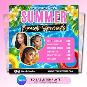 Summer Braid Sale Flyer, Summer Sale Flyer, Braid Prices Flyer, Braids Sale Flyer, Hair Flyer, Lashes Flyer, Braids Special Flyer Template