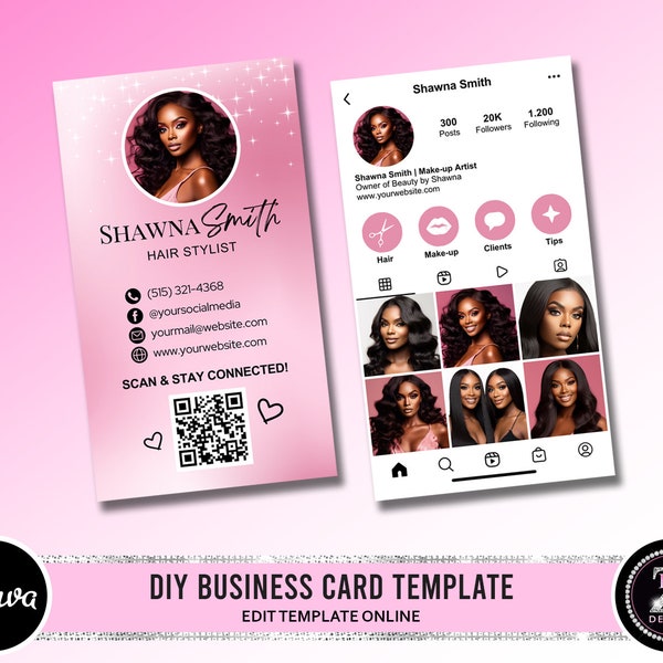 Business Card Template Design, Instagram Business Card, Beauty Artist Hair Nails Boutique Business Card Canva Template