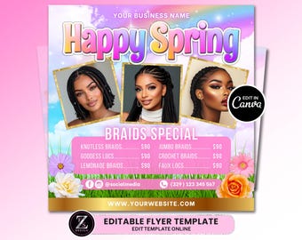 Spring Braid Sale Flyer, Spring Sale Flyer, Braid Prices Flyer, Braids Sale Flyer, Hair Flyer, Lashes Flyer, Braids Special Flyer Template