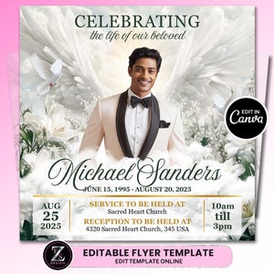 Op de afbeelding: Een herdenkingsflyer met een man in een crèmekleurig pak en een vlinderdas, met engelen vleugels. De flyer bevat de tekst "Celebrating the life of our beloved" en de naam "Michael Sanders". Details zijn de datum, tijd en locatie van de dienst.