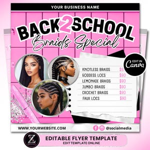 Back to School Sale Flyer, Braid Prices Flyer, Braids Sale Flyer, Back 2 School Flyer, Lashes, Hair Flyer, Braids Special Flyer Template