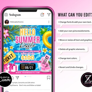 Peut inclure: Un smartphone rose affiche une publicit&eacute; de tombola estivale. L'annonce pr&eacute;sente un fond d'eau bleu, un anneau gonflable jaune et le texte "HELLO SUMMER RAFFLE". Elle comprend des billets, un cadeau et le texte "GAGNEZ 100 $."