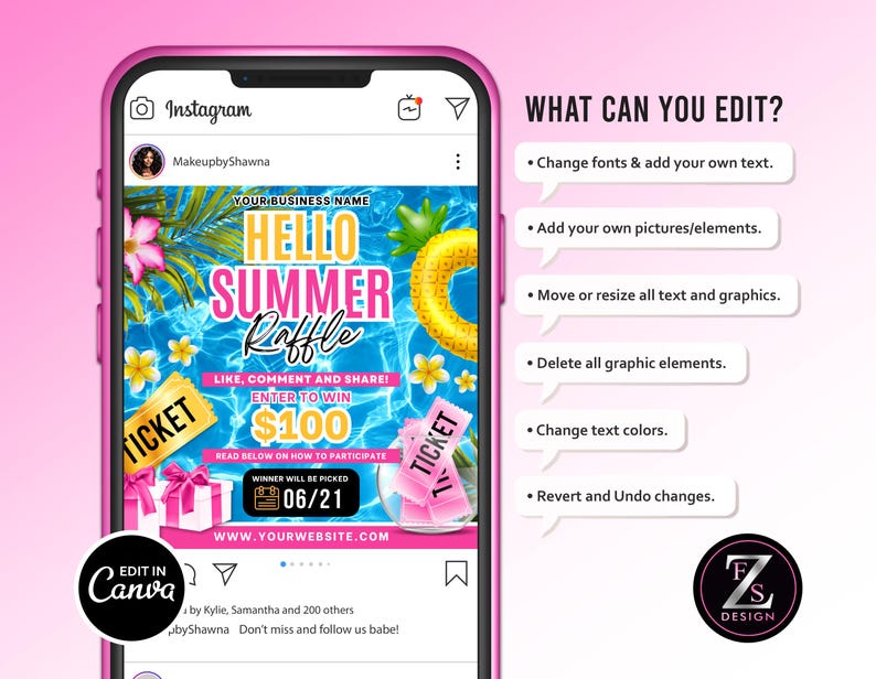 Peut inclure: Un smartphone rose affiche une publicit&eacute; de tombola estivale. L'annonce pr&eacute;sente un fond d'eau bleu, un anneau gonflable jaune et le texte "HELLO SUMMER RAFFLE". Elle comprend des billets, un cadeau et le texte "GAGNEZ 100 $."
