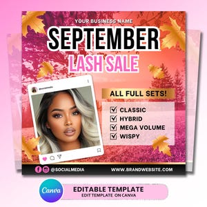 Op de afbeelding: Een digitale marketingsjabloon voor een wimperverkoop in september met herfstbladeren, een foto van een persoon met gehighlight haar en tekst met een lijst van klassieke, hybride, mega volume en wispy sets. Inclusief placeholders voor sociale media.