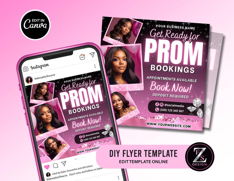 Pode incluir: Modelo de folheto rosa e preto para reservas de baile de formatura. O folheto apresenta uma colagem de fotos de mulheres com maquiagem e penteados. O texto do folheto diz "Get Ready for Prom Bookings" e inclui informa&ccedil;&otilde;es de contato e um endere&ccedil;o de site.