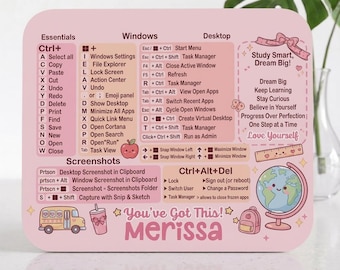 Back to School Personalized Mouse Pad, Custom Name Affirmation Desk Mat, Inspirational Computer Shortcuts Cheat Sheet, Student Teacher Gift