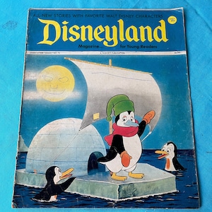 May include: Vintage Disneyland Magazine cover featuring a cartoon penguin in a green hat and red scarf. The cover has the title "Disneyland Magazine" and the text "All-New Stories with Favorite Walt Disney Characters" against a blue background.