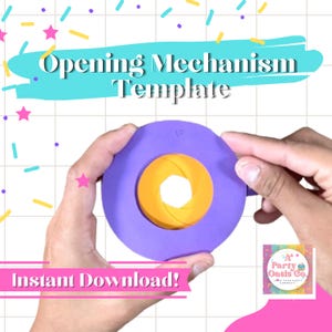 Puede incluir: Un modelo de mecanismo de apertura morado y amarillo es sostenido por dos manos. El texto "Opening Mechanism Template" se muestra encima del mecanismo, con "Instant Download!" debajo. El logotipo de Party Oasis Co. está en la esquina inferior derecha.