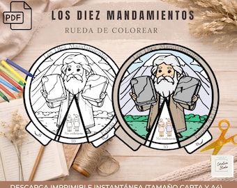 May include: A printable coloring wheel featuring the Ten Commandments in Spanish. The design includes an illustration of Moses holding tablets, mountains, and the text "LOS DIEZ MANDAMIENTOS". The image also includes the text "DESCARGA IMPRIMIBLE INSTANTÁNEA".