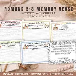 Puede incluir: Un conjunto de hojas de trabajo imprimibles con el texto "Romanos 5:8 Versículo de la memoria". Las hojas de trabajo incluyen actividades de trazado, escritura y coloreado. El paquete está diseñado para lecciones e incluye el texto "Descarga imprimible instantánea - Tamaño carta y A4."