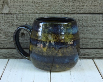 Amber Teadust Glazed Stoneware Mug with Blue Stripes