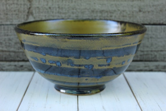 Large Dark Gold and Blue Stoneware Serving or Mixing Bowl