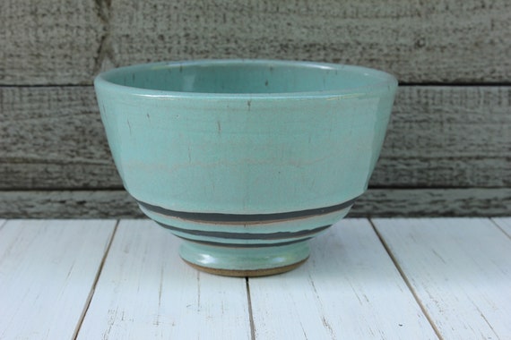 Turquoise Stoneware Mixing or Serving Bowl with Black Stripes