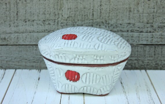 White Stoneware Matchbox or Salt Cellar with Red Accent
