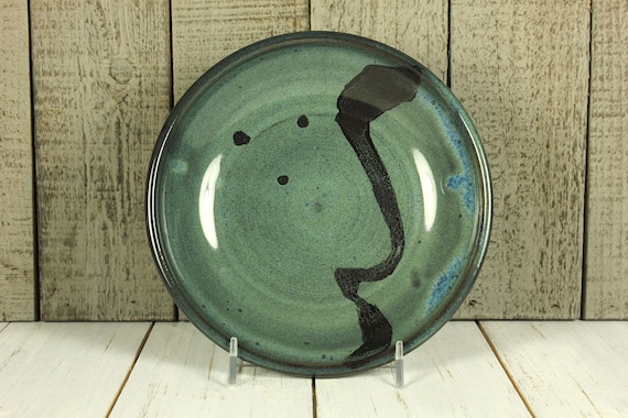 Dark Blue Stoneware Plate with Abstract Decoration