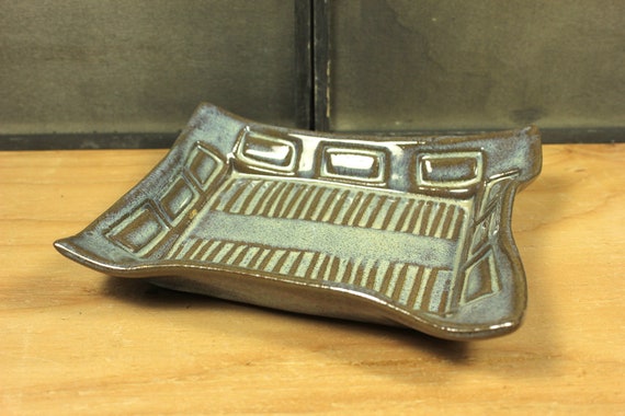 Light Gray and Brown Stoneware Rectangular Dish