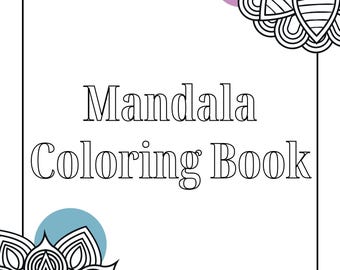 Könnte beinhalten: Ein weißer Hintergrund mit einem schwarzen Rahmen und den Worten "Mandala Coloring Book" in der Mitte. Dekorative schwarz-weiße Mandala-Designs befinden sich in den Ecken, mit einem lila und blauen Kreisakzent.