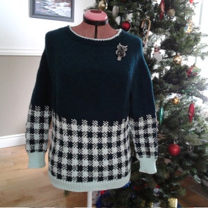 Könnte beinhalten: Ein dunkelgrüner Strickpullover mit einem weißen und schwarzen Karomuster auf der unteren Hälfte. Der Pullover hat einen runden Ausschnitt und lange Ärmel. Eine kleine Eulenbrosche ist an den Pullover gesteckt.