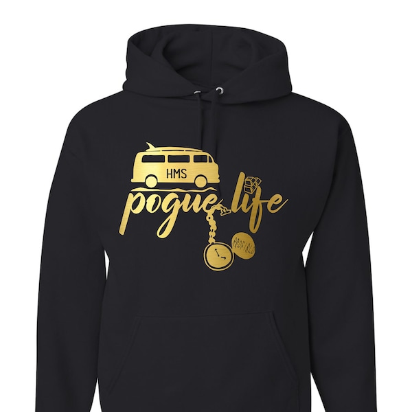 May include: Black hooded sweatshirt with a gold graphic of a van with the text "HMS Pogue Life" and a pocket watch with a chain.