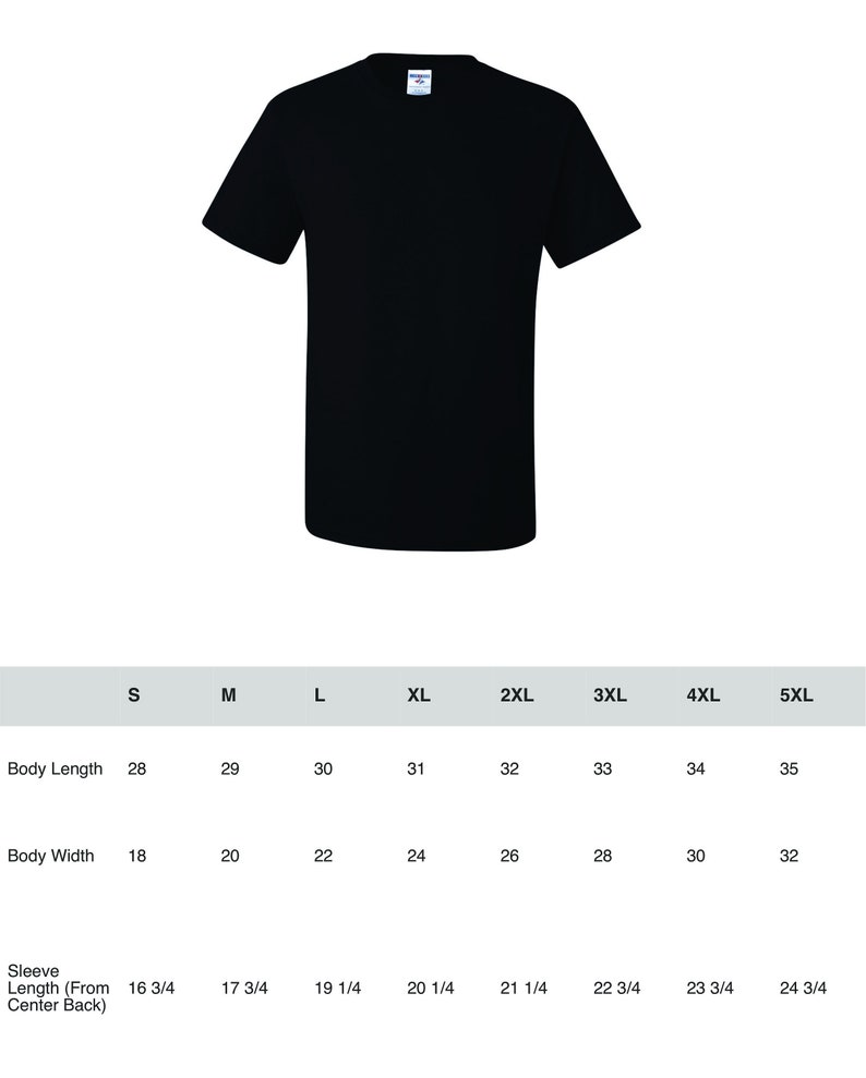 May include: A solid black short-sleeve t-shirt with a crew neckline. Below the shirt is a sizing chart displaying body length, body width, and sleeve length measurements in inches for sizes ranging from small to 5XL.