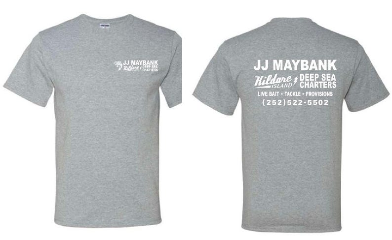 May include: A heather gray short-sleeve t-shirt featuring a small white logo on the front left chest and a large white graphic on the back that reads JJ MAYBANK Kildare ISLAND DEEP SEA CHARTERS LIVE BAIT TACKLE PROVISIONS (252)522-5502.