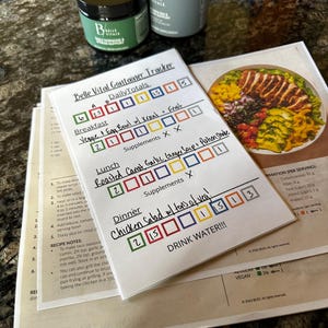 May include: A close-up of a meal plan tracker with the text "Belle Vital Container Tracker" and meal details. The tracker includes a colorful plate of food and two jars of supplements. The tracker is on a table.
