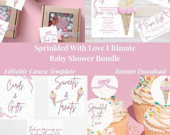 Glass beströdd med kärlek babyshowerdekorationer | Babyströssel inbjudningslekar | Redigerbar Canva-mall