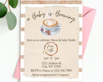 Mall för inbjudan till babyshower med kaffe | En bebis bryggs | Neutralt kaffetema | Redigerbar Canvas-inbjudan | Utskrivbar babyshowerinbjudan