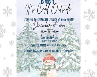 Invitación para baby shower de invierno "Bebé, hace frío afuera" / Muñeco de nieve nevado para la fiesta de bienvenida del bebé / Plantilla editable de Canva