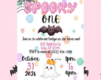 Inbjudan till Spooky ONE-födelsedag | Redigerbar Canva-mall | Inbjudan till Halloween-födelsedagsfest