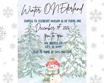 Plantilla de invitación de primer cumpleaños "Winter ONEderland" / Invitación editable para fiesta nevada / Descarga digital de 5x7