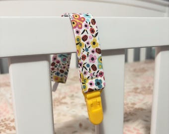Floral Ladybug Pacifier Clip | Handmade Cotton Baby Accessory | Garden Nursery Decor
