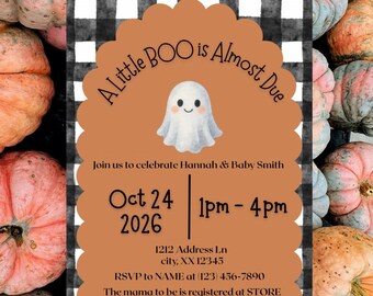 Inbjudan till babyshower med lite "A Little BOO"-motiv | Halloween-babyshower Canva-mall | Redigerbar babyshowerinbjudan | Spökbabyshower