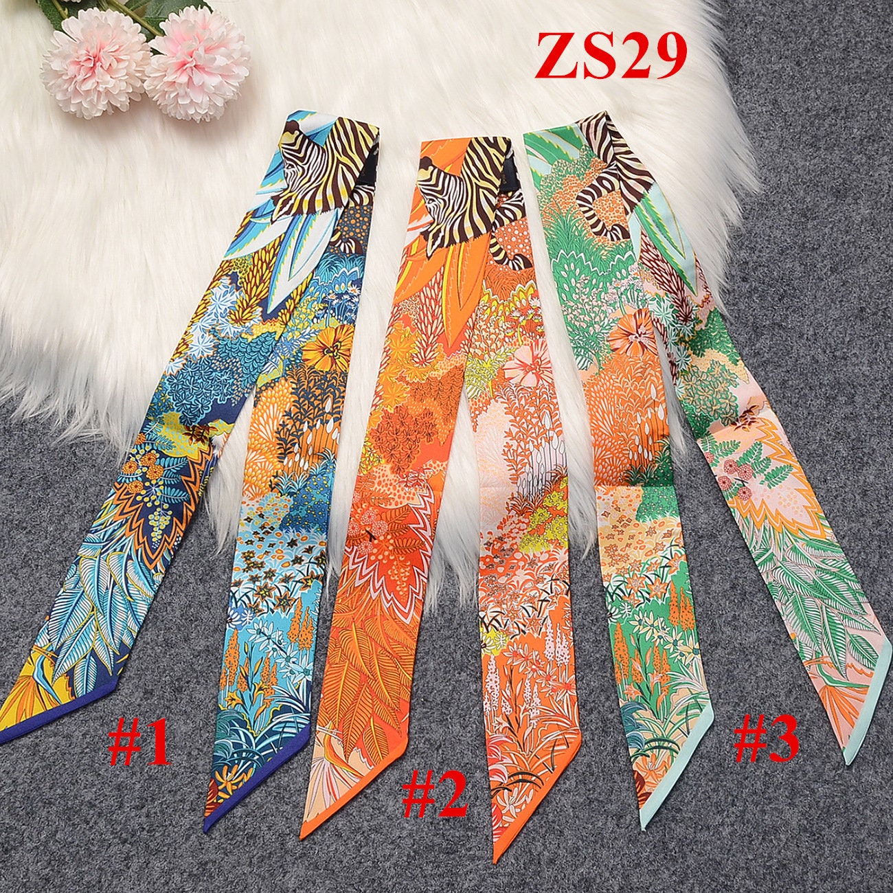 100% Mulberry Silk 16mm Skinny Twill scarf Printed Hair Ribbon Bag Handle  Wrap Accessories Tie Neckerchief (Animal Garden), 55inx2.1in (140x5.5 cm)  at  Women's Clothing store