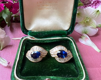 Estate 18k Blue Sapphire Diamond Cluster Earrings