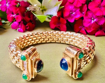 FOPE 18k Gold Bracelet Cuff Sapphires Emeralds & Diamonds