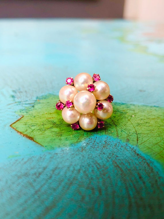 Vintage Pearl Ruby Bouquet Cocktail Ring 14k
