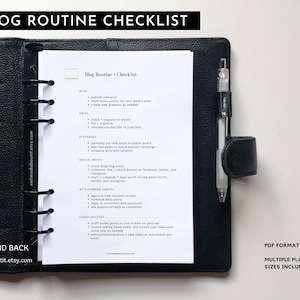 May include: A black and white printable checklist for a blog routine. The checklist includes sections for blogging, email, Pinterest, social media, my Facebook group, and video content. The checklist is in a black planner with a silver pen.