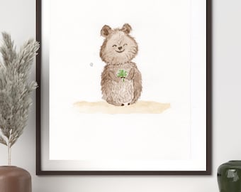 Lámina infantil Quokka: Trébol, arte animal australiano (descarga digital)