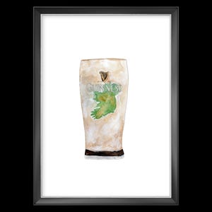 May include: Watercolor painting of a glass of Guinness beer. The glass is filled with a creamy head and the Guinness logo is visible on the side. The logo features a harp and the words "Guinness" and "Dublin, Ireland".