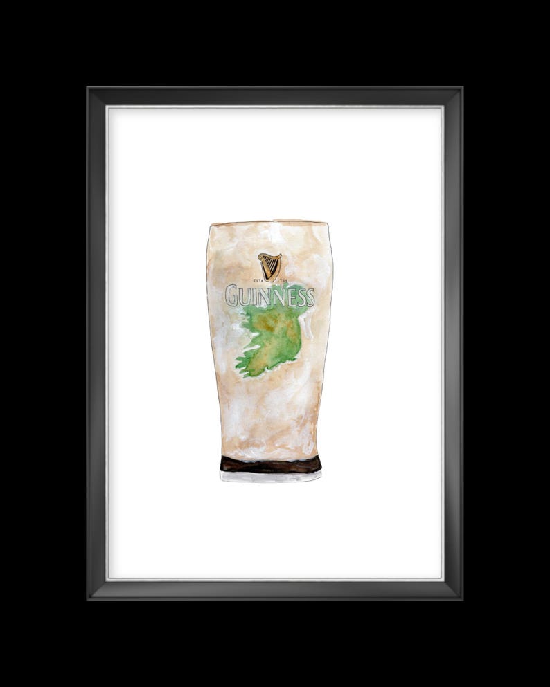 May include: Watercolor painting of a glass of Guinness beer. The glass is filled with a creamy head and the Guinness logo is visible on the side. The logo features a harp and the words "Guinness" and "Dublin, Ireland".