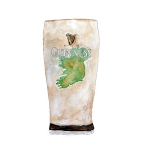 May include: A watercolor illustration of a pint glass of Guinness beer. The glass is brown and white with the Guinness logo and a green outline of Ireland.