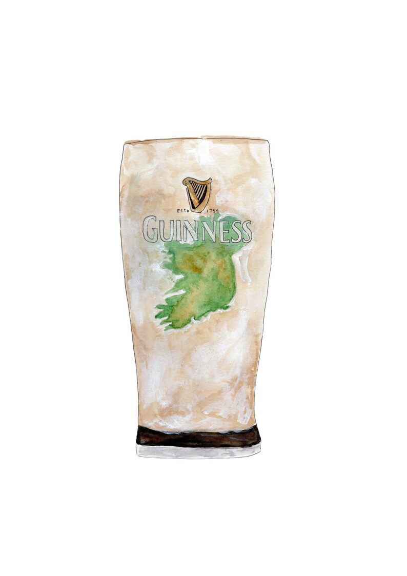 May include: A watercolor illustration of a pint glass of Guinness beer. The glass is brown and white with the Guinness logo and a green outline of Ireland.